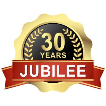 gold button with red banner for 30 years jubilee