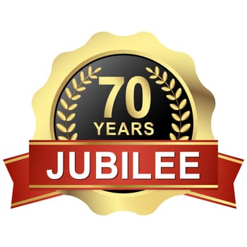 gold button with red banner for 70 years jubilee