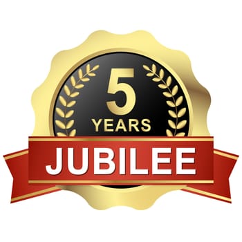 gold button with red banner for 5 years jubilee