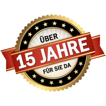 round quality seal with black frame,red banner and text over 15 years for you (in english)