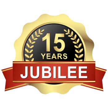 gold button with red banner for 15 years jubilee