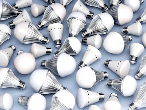 Group of different types of LED light bulbs on shiny blue background