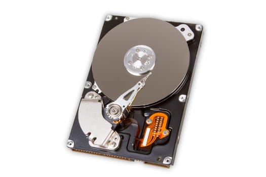 The inside of a hard disk drive on a light background