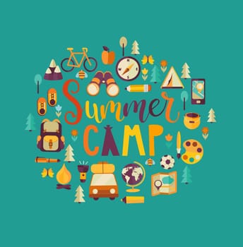 Summer Camp Holiday and Travel themed. Camp poster in flat style, vector illustration. Handdrawn Lettering.