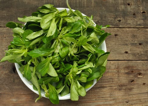 Lambs lettuce on an old rustic wooden kitchen table