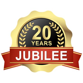 gold button with red banner for 20 years jubilee