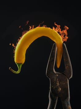 Old rusty pliers holding a burning yellow pepperoni with flames on a dark background