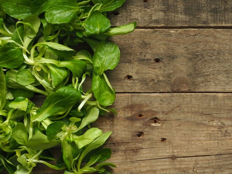 Lambs lettuce on an old rustic wooden kitchen table with space for text