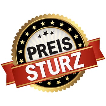 round button with black frame and red banner with text Preissturz