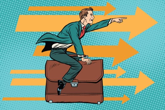 businessman flying on a leather business briefcase. Leadership and attack. Pop art retro vector illustration drawing