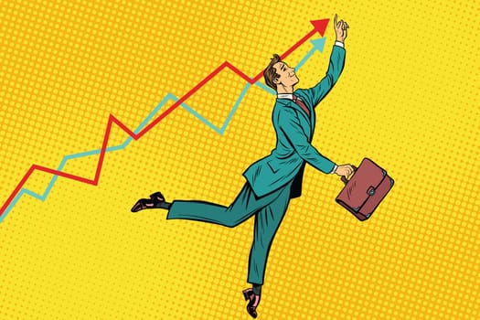 Funny businessman strives for high results. Pop art retro vector illustration drawing