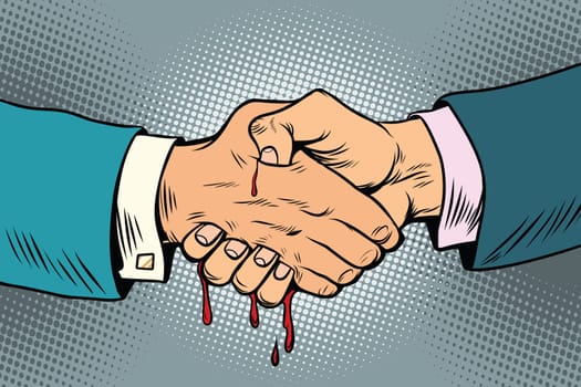 bloody handshake, underhanded business transaction. Pop art retro vector illustration drawing