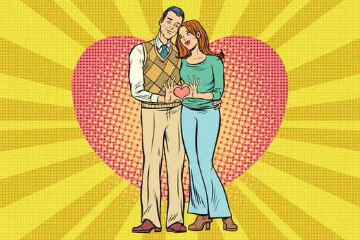 Cute couple, hand gesture a heart of love. In all growth on the background of hearts. Pop art retro vector illustration drawing