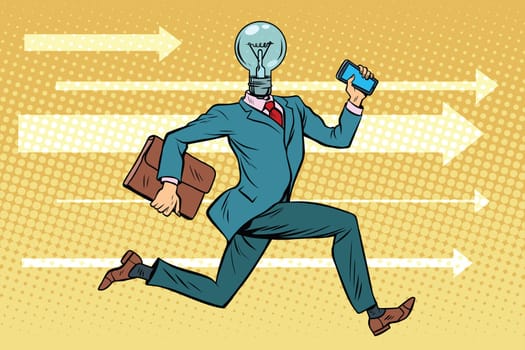 Businessman light bulb runs, concept ideas and brainstorming. Pop art retro vector illustration drawing