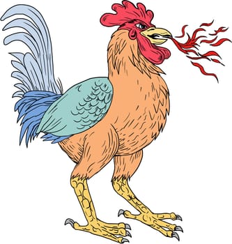 Drawing sketch style illustration of a Basan, Basabasa or Inuhoo, a fowl-like bird in Japanese mythology and folkore  that is breathing fire viewed from the side set on isolated white background.