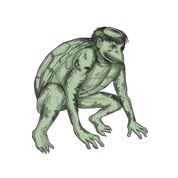 Tattoo style illustration of a kappa, kawataro, komahiki, or kawatora, a yokai demon or imp found in traditional Japanese folklore that is humanoid turtle crouching set on isolated white background.