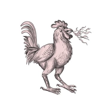 Tattoo style illustration of a Basan, Basabasa or Inuhoo, a fowl-like bird in Japanese mythology and folkore  that is breathing fire viewed from the side set on isolated white background.