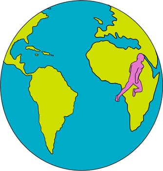 Drawing sketch style illustrations of marathon triathlete runner running viewed from the side set inside globe showing South America and Africa.