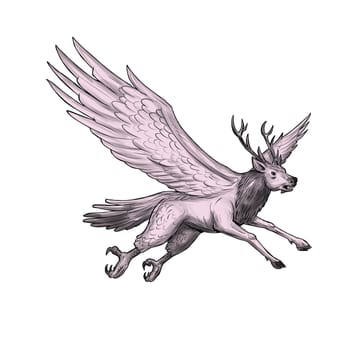 Tattoo style illustration of a Peryton, a Medieval European mythical creature with head, forelegs and antlers of a full-grown stag with the wings plumage and hindquarters of a bird viewed from the side set on isolated white background.