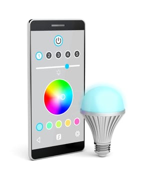 Color changing LED light bulb and smartphone on white background