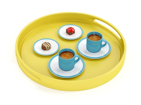 Plastic tray with espresso coffee cups and chocolate candies on white background