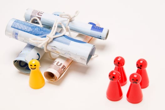 Tiles with rolled banknotes on a white background.