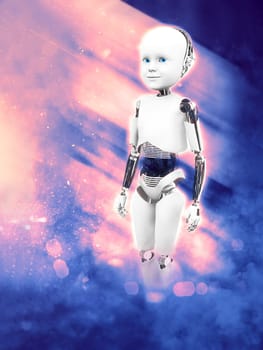 3D rendering of a child robot standing against a futuristic space background in pink and blue.