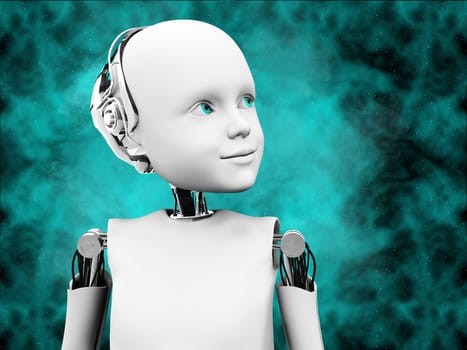 3D rendering of the head of a child robot against a futuristic space background.
