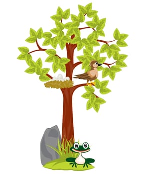 Illustration tree with jack and bird sitting on him