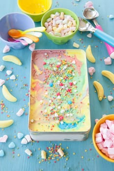 Colorful ice cream with sugar sprinkles and marshmallows
