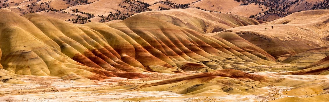 Panoramic view of colorful mineral and rock deposits in Oregon at the fossil beds