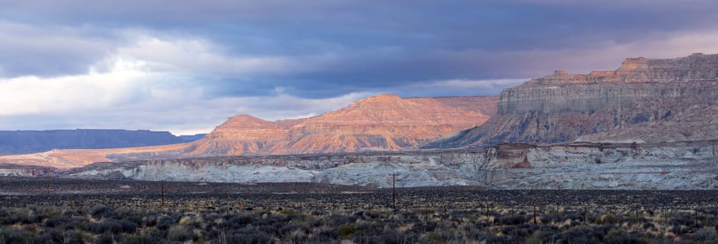 The badlands of Utah are shown here in dramatic lightning