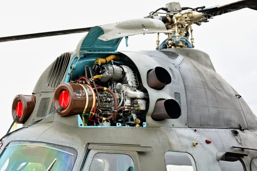 CASLAV, CZECH REPUBLIC - MAY 20, 2017: Engine of a light multi purpose helicopter Mil Mi-2 on a static exhibition during the Open Day at Tactical Air Force Base Caslav on May 20, 2017 in Caslav.