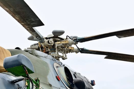 CASLAV, CZECH REPUBLIC - MAY 20, 2017: Rotor of a multi-purpose helicopter of middle class Mil Mi-171S on static exhibition during the Open Day at Tactical Air Force Base Caslav on May 20, 2017 in Caslav.