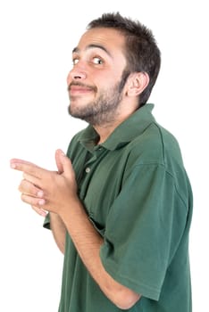 Happy young man making funny faces isolated in white