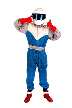 Racing driver posing with helmet isolated in white