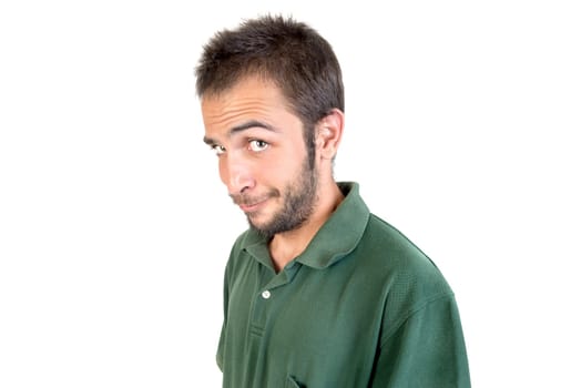 Happy young man making funny faces isolated in white