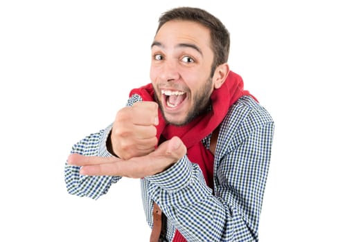 Young happy nerd posing isolated in a white background