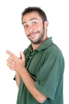 Happy young man making funny faces isolated in white