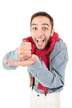 Young happy nerd posing isolated in a white background