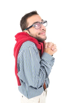 Nerd in love posing isolated in a white background