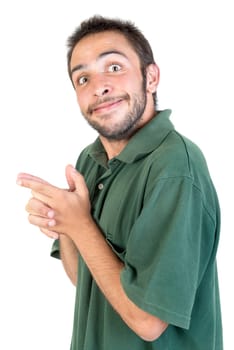 Happy young man making funny faces isolated in white