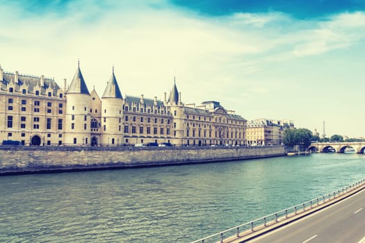 Castle Conciergerie, a former royal palace and prison, Paris, France, vintage effect