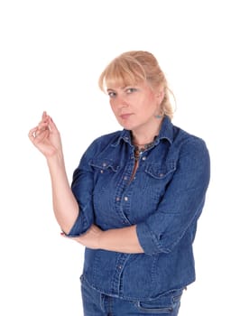 A lovely blond woman standing waist up in a jeans jacket and pants.looking into the camera, thinking, isolated for white background..