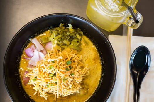 Spicy Yellow Curry With Crispy Noodle, stock photo