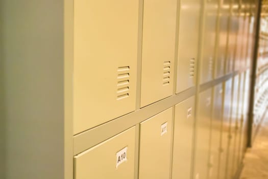 Row Of Old Lockers In School Hallway, stock photo