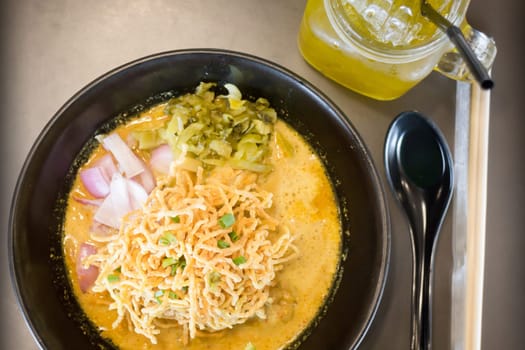 Spicy Yellow Curry With Crispy Noodle, stock photo