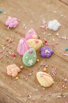 Colorful sugar décor with flowers and eggs