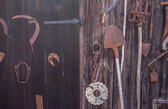 different agricultural tools hanging on brown wooden wall