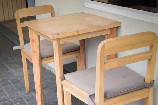 Wooden  Furniture Set Of Street Coffee Shop, stock photo